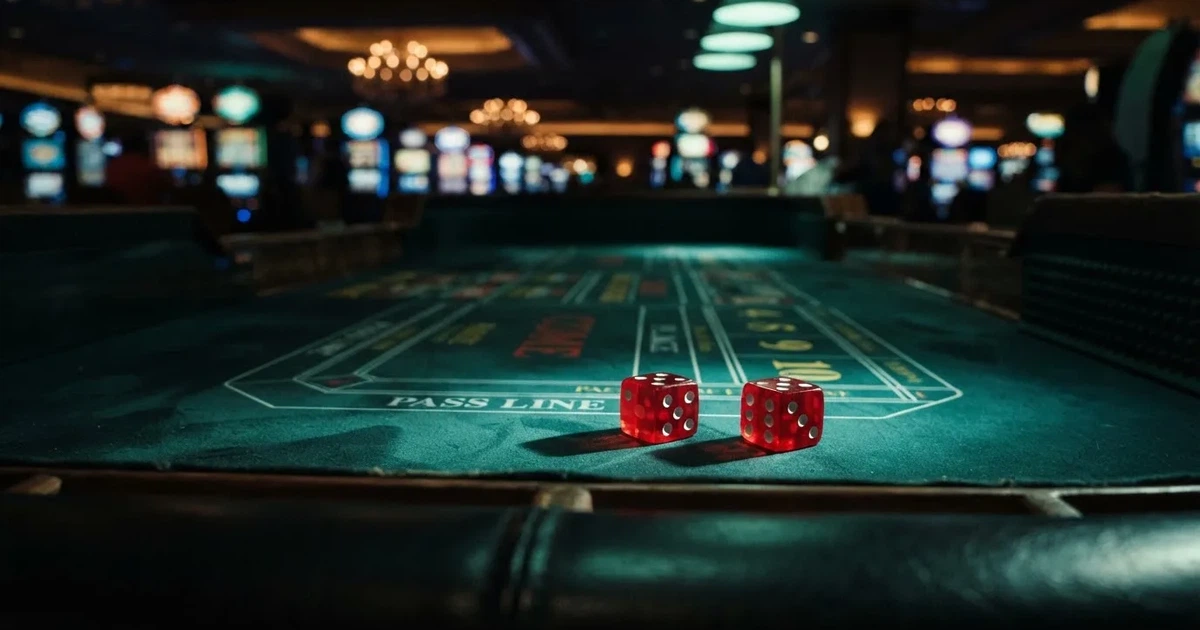 Zaruri roșii pe marginea unei mese de craps, sub o lumină verzuie — aparate de cazinou din românia