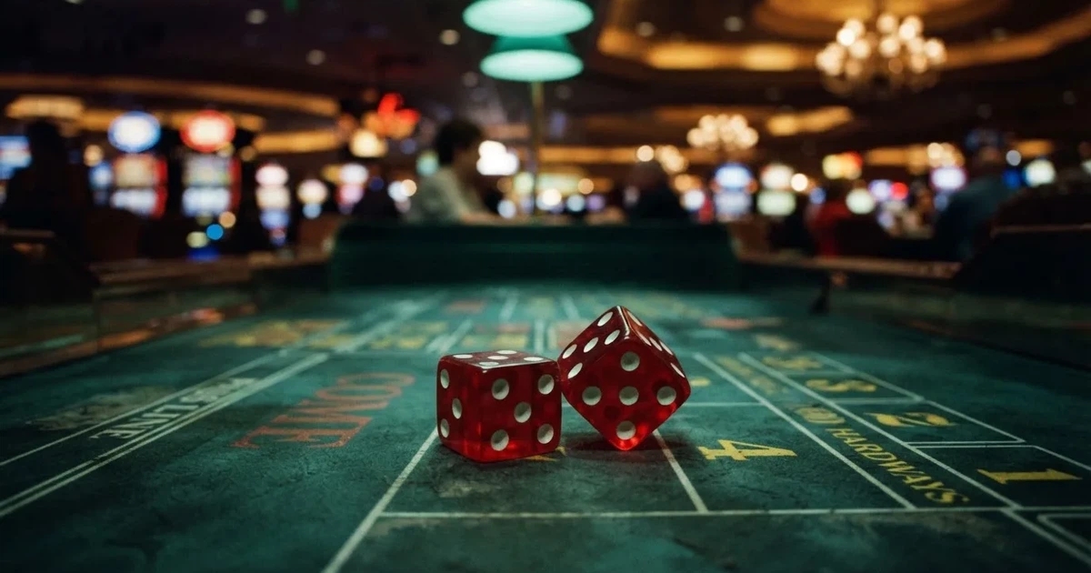 Zaruri roșii pe marginea unei mese de craps, sub o lumină verzuie — aparate de păcănele în românia