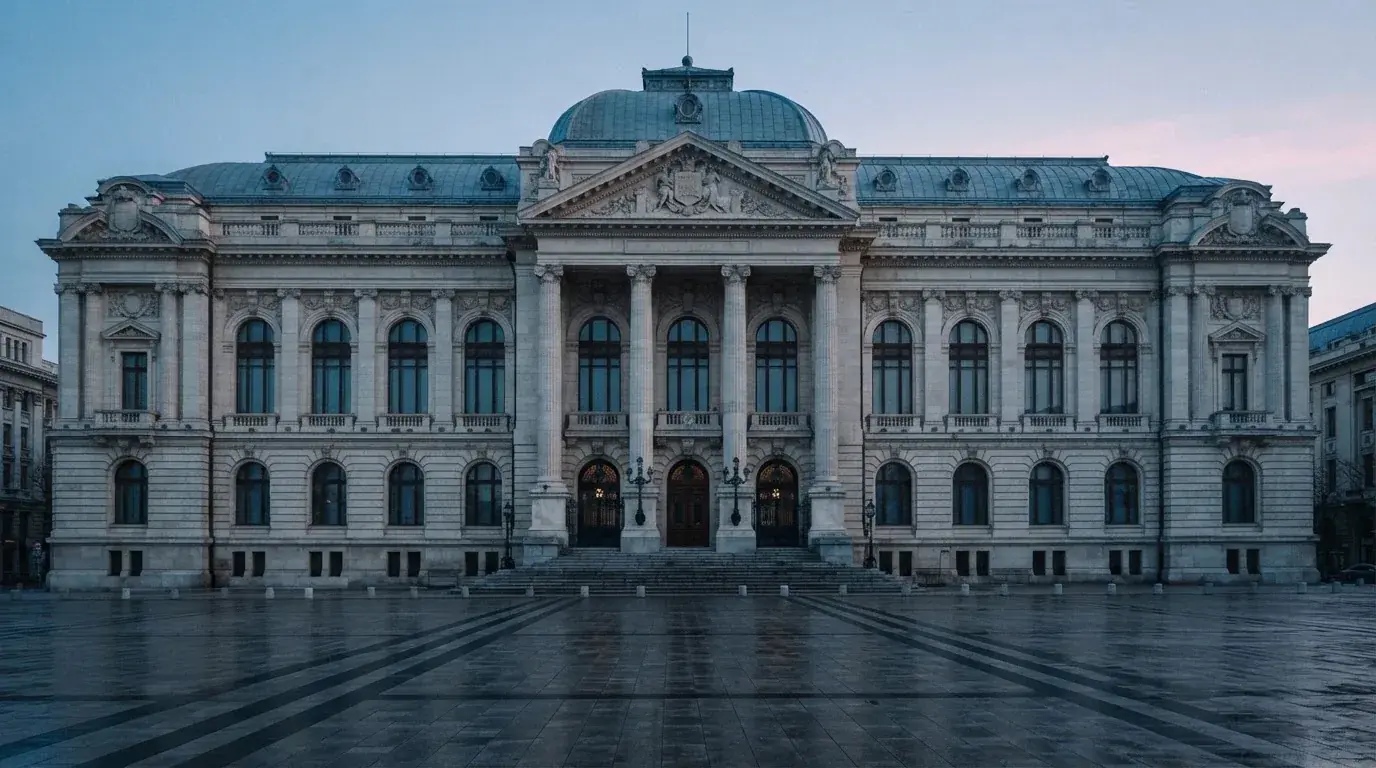 Fațada de piatră a unei clădiri guvernamentale din București, în lumina rece a zorilor — aparate de păcănele în românia