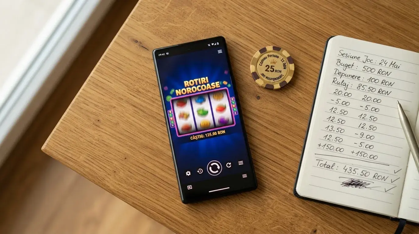 Smartphone așezat pe o masă de lemn lângă o monedă aurie și un calculator de buzunar, în lumina unei ferestre.