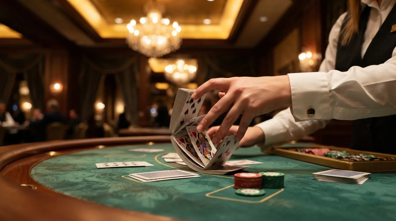 Mâinile unui crupier amestecă cărțile sub candelabrele unui cazinou elegant — blackjack reguli pentru români