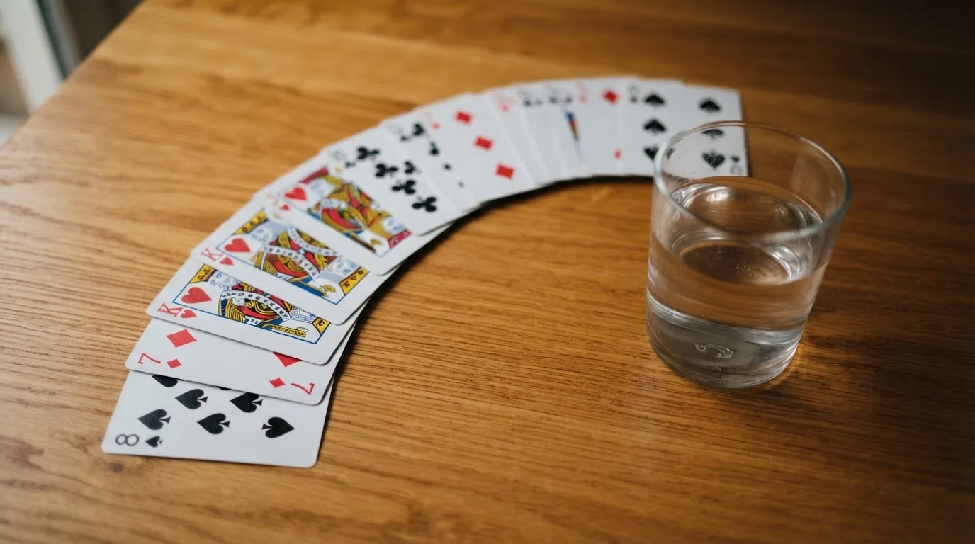 Un pachet de cărți de joc desfăcut evantai pe o masă de stejar, lângă un pahar cu apă — casino gratis în românia