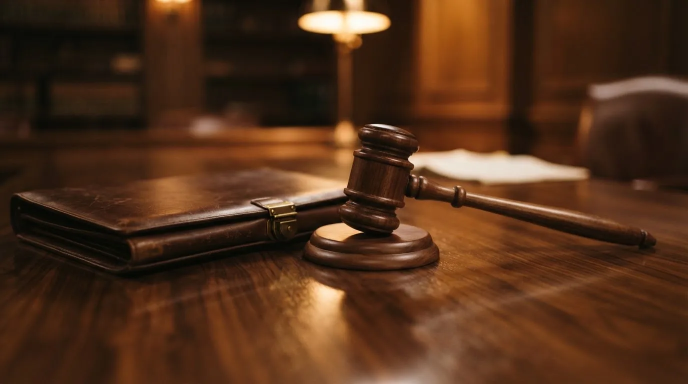 Un ciocan de judecător lângă un dosar de piele închis, pe o masă de nuc lustruit — cazino cu bani reali în românia