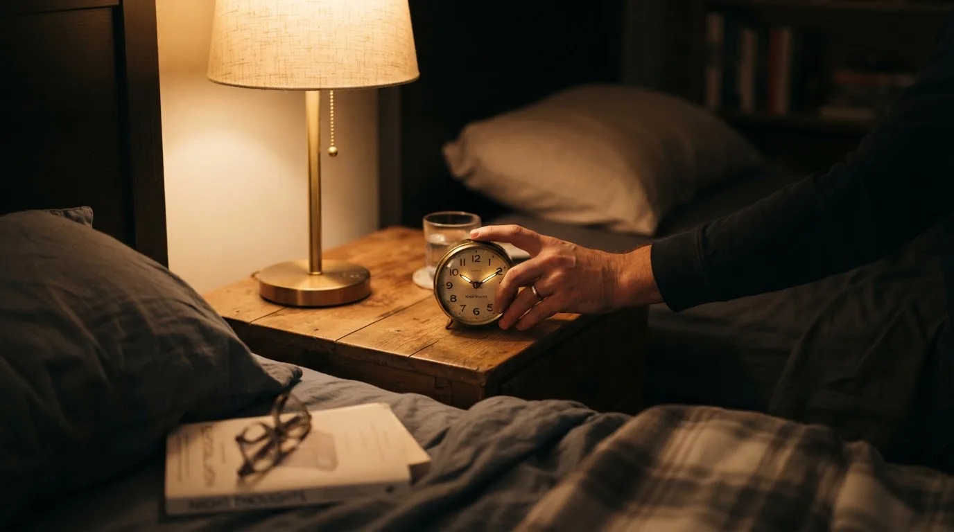 Bărbat care așază un ceas deșteptător pe noptieră și stinge lumina, într-un dormitor liniștit.