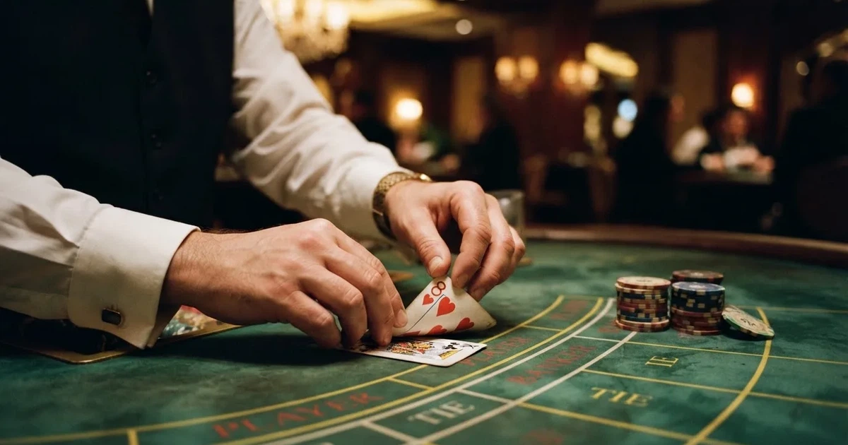 Crupier care întoarce cu grijă două cărți pe o masă de baccarat cu pâslă verde, în lumină caldă și fundal estompat.