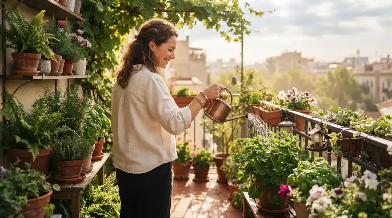Femeie care își udă plantele pe un balcon înflorit, zâmbind, într-o dimineață de primăvară.