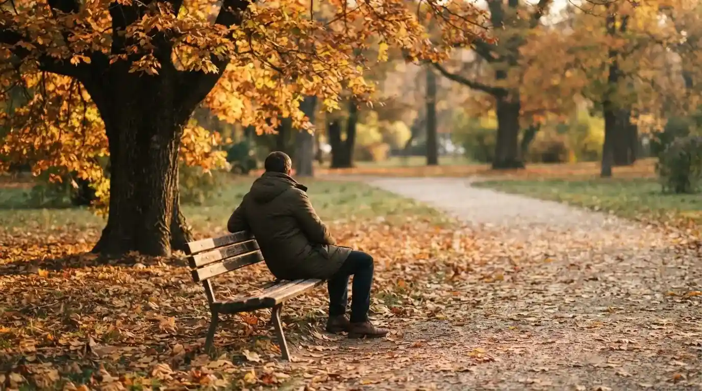 Un om pe o bancă din parc privește frunzele toamnei căzând, în lumină blândă — cazinouri fără licență în românia