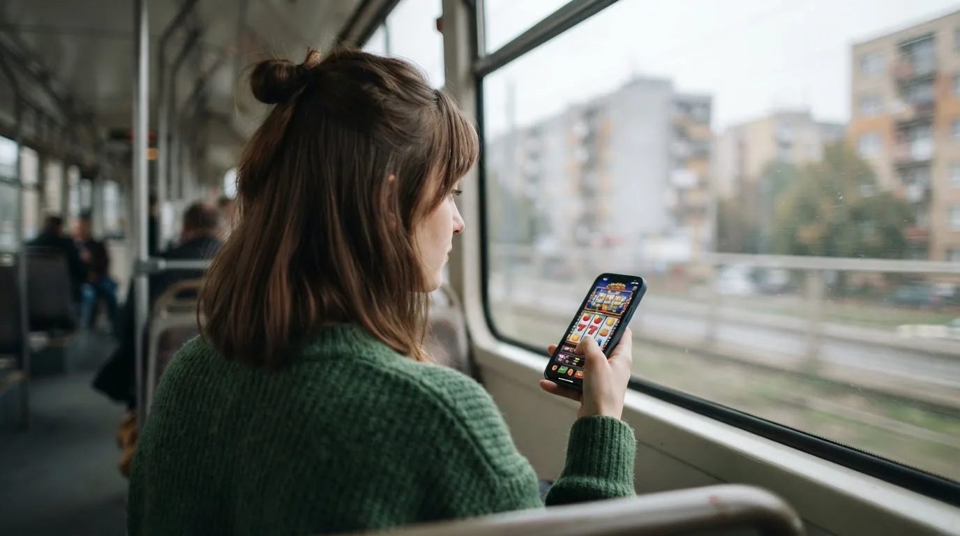 Tânără în tramvai ține telefonul cu ambele mâini și zâmbește, în timp ce afară se văd clădiri neclare în mișcare.