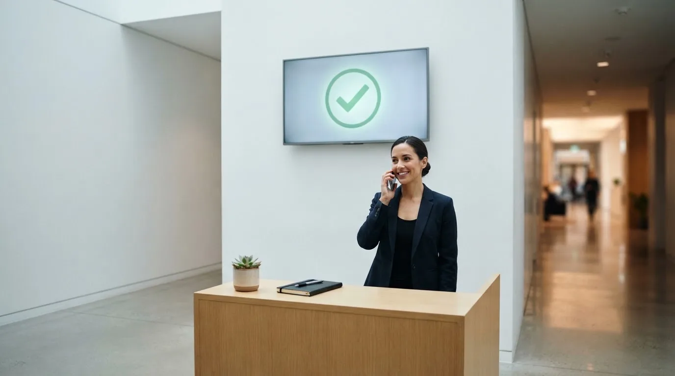 Birou de recepție într-un hol modern, cu un monitor discret pe un perete și o funcționară care răspunde la telefon.