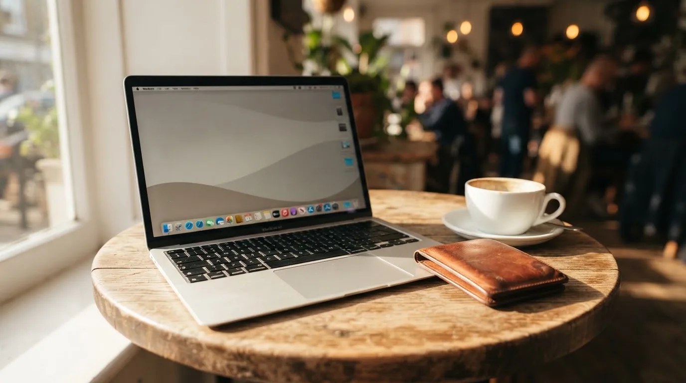 Laptop deschis pe o masă de cafenea, lângă un portofel de piele și o cană, cu lumina după-amiezii pe suprafața mesei.