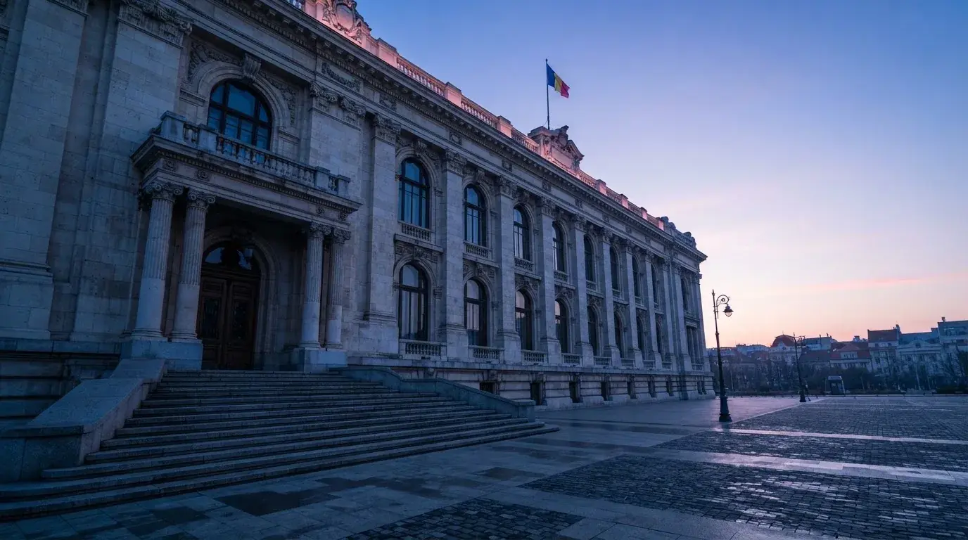Fațada de piatră a unei clădiri guvernamentale din București, în lumina rece a zorilor — jocuri de ruletă în română