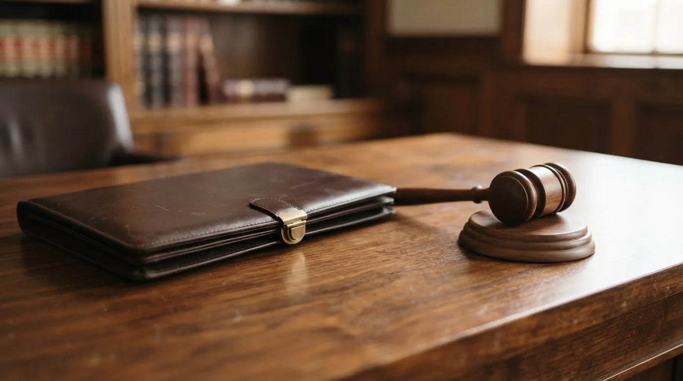 Un ciocan de judecător lângă un dosar de piele închis, pe o masă de nuc lustruit — live blackjack în românia
